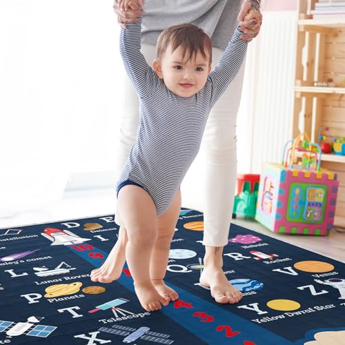 Duckbe ABC Play Mat Custom with Name, Crawling Mat for Baby Floor Tummy Time, Personalized Infant Rug Foldable Toddler Playmat Gift Navy Aerospace(43