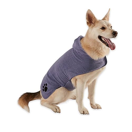 Bone Dry Pet Robe Collection Embroidered Absorbent Microfiber Bath Robe with Adjustable Closure, for Dogs & Cats, Large, Stonewash Blue