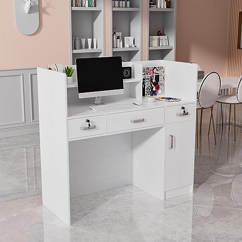 LEADZM H-Shaped Reception Desk with Counter, Front Desk with Lockable Drawers & Adjustable Shelf, Retail Checkout Counter for Beauty Salon Office (White)