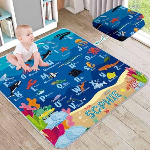 Duckbe ABC Play Mat Custom with Name, Crawling Mat for Baby Floor Tummy Time, Personalized Non Slip Infant Rug Large Foldable Toddler Playmat Gift(43