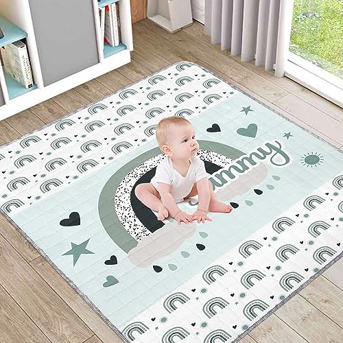 Duckbe Custom Play Mat for Baby Toddler Boys Girls, Non Slip Crawling Padded Mat for Floor Tummy Time, Portable Foldable Infant Rug, Green Rainbow Nursery Bedding Set Shower Gift(47