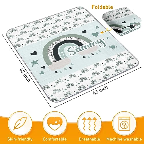 Duckbe Custom Play Mat for Baby Toddler Boys Girls, Non Slip Crawling Padded Mat for Floor Tummy Time, Portable Foldable Infant Rug, Green Rainbow Nursery Bedding Set Shower Gift(47