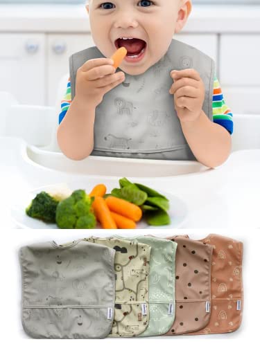 modernKIDS Sleeveless Baby Bib for Girls and Boys - Washable Waterproof Bib for Baby - Open Back Baby Smock for Eating - Baby Apron Bib with Catcher Pocket (Pink Polka Dots)