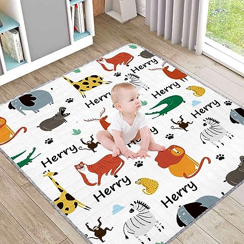 Duckbe Custom Play Mat for Baby Toddler Boys Girls, Non Slip Crawling Padded Mat for Floor Tummy Time, Portable Foldable Infant Rug, White Orange Animals Nursery Bedding Set Shower Gift(43
