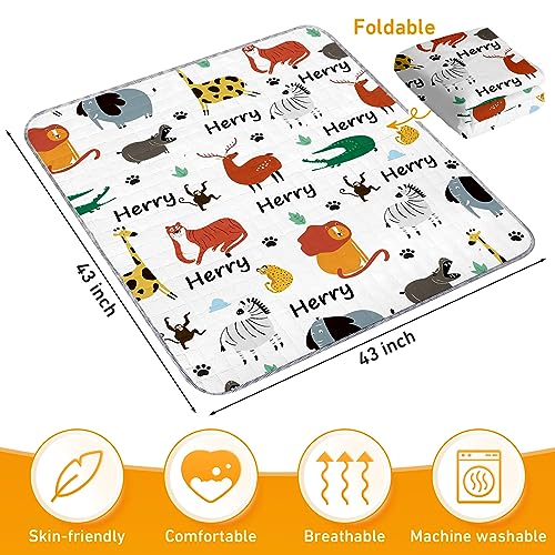 Duckbe Custom Play Mat for Baby Toddler Boys Girls, Non Slip Crawling Padded Mat for Floor Tummy Time, Portable Foldable Infant Rug, White Orange Animals Nursery Bedding Set Shower Gift(43