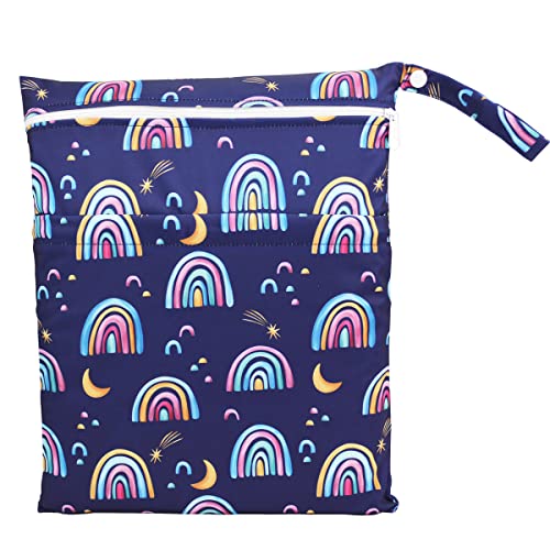 Sigzagor Wet Dry Bag Baby Cloth Diaper Nappy Bag Reusable Washable With Two Zippered Pockets (Rainbows Purple)