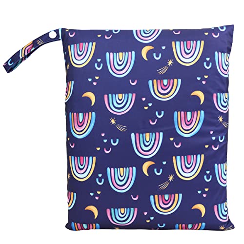 Sigzagor Wet Dry Bag Baby Cloth Diaper Nappy Bag Reusable Washable With Two Zippered Pockets (Rainbows Purple)
