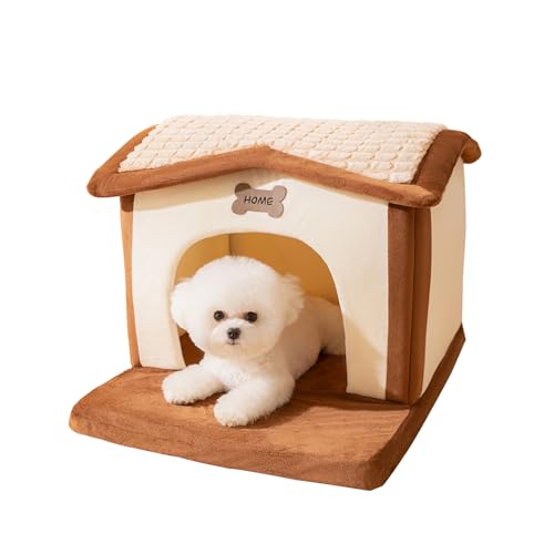 BOSERMEN Cat House, Cartoon Cute Cat House, Winter Warm Pet Shelter, Warm Pet Cave Bed, Washing Dog Bed, Cat House with Extend The Cushion(S, Brown)