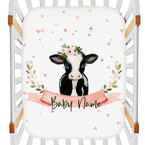 Personalized Cute Cow Pack N Play Sheets for Baby Girls Boys, Customized Pack and Play Sheet with Name, Custom Mini Crib Mattresses Fitted Sheets, Playard Sheet, Gift for Infant Toddler Newborn