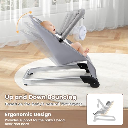 BABY JOY Baby Bouncer, Foldable Baby Bouncer Seat with 5-Point Safety Harness, Removable Fabric Cover & 3 Plush Toys, Portable Infant Bouncer for Babies 0