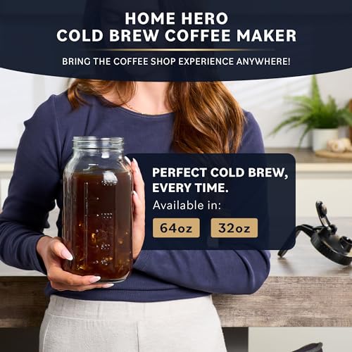 Cold Brew Coffee Maker with Heavy Duty Glass Body & 2 Lids - Iced Tea Machines with Stainless Steel Filter - Iced Coffee Maker - Cold Brew Mason Jar Pitcher with Flip Cap Lid (64 oz / 2 quart, Black)