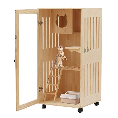 LIYUANJUN Large Wooden Cat House, Luxury Cat Condo with LED Lamp Lighting& Wheels Pet House Furniture for Outdoor Indoor Cats Activity Multifuncational Cat Cage Villa 23.62 * 23.62 * 47.24Inch