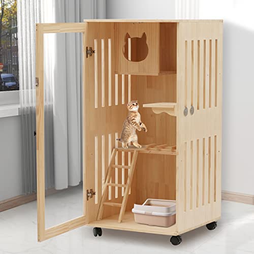 LIYUANJUN Large Wooden Cat House, Luxury Cat Condo with LED Lamp Lighting& Wheels Pet House Furniture for Outdoor Indoor Cats Activity Multifuncational Cat Cage Villa 23.62 * 23.62 * 47.24Inch