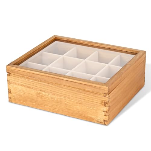 Ll.TOPWP Wood Tea Box Organizer 12 Compartment Multi-Functional Storage Box with Clear Acrylic Window,Tea Bag Holder for Cabinet.