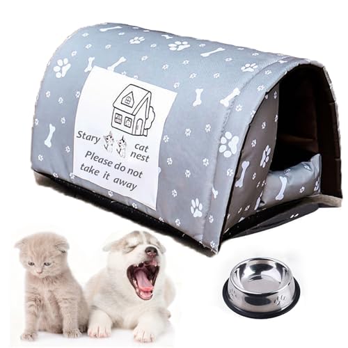 FIEATES Cat House for Outdoor Cats in Winter, Thickened Weatherproof Foldable, Houses for Feral Cats Stray Cats Shelter Home Keep Warm Outdoor Indoor Garden (Grey, Medium)