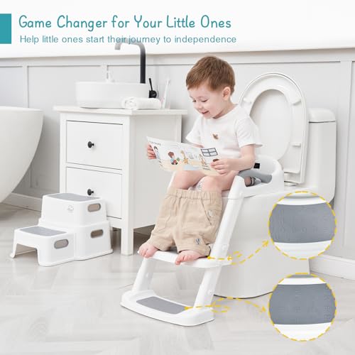 Forbena Potty Training Toilet Seat with Step Stool Ladder, Toddler Kids Potty Seat for Boys Girls, Non Slip Foldable Toilet Training Seat with Soft Cushion, Comfortable Handles (White-Grey)