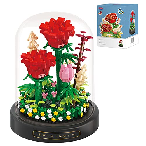 OLTLYUNH Flower Bouquet Set,Mini Bricks Botanical Collection Flowers Building Blocks,Artificial Plant Bonsai Tree Friend Set,New Year Valentines Birthday Gift for Mom Girls Women Adults(Red)