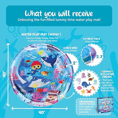 KooKooBaby Tummy Time Water Mat for Babies - Xtra Large Sensory Baby Water Mat for Tummy Time & Motor Development - Leak-Proof Water Pad, Durable Infant Water Play Mats for Baby Boys & Girls 3 Months+