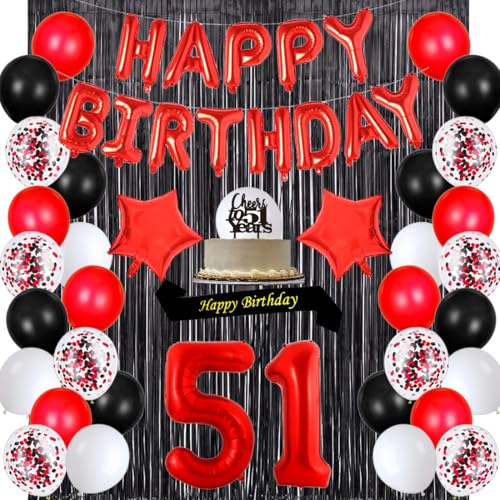 santonila Red 51st Birthday Decorations Happy Birthday Banner Sash Cheers To 51 Years Cake Topper Number 51 Confetti Latex Balloons Black Tinsel Foil Fringe Curtains for Women 51 Years Old Birthday
