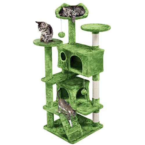 Topeakmart 54in Cat Tree with Scratching Posts Spacious Condos Furry Hanging Ball Cat Climbing Tower for Indoor Cats and Kittens, Green