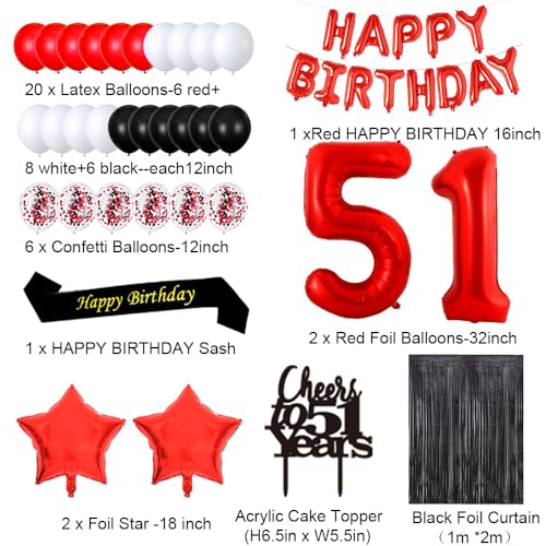 santonila Red 51st Birthday Decorations Happy Birthday Banner Sash Cheers To 51 Years Cake Topper Number 51 Confetti Latex Balloons Black Tinsel Foil Fringe Curtains for Women 51 Years Old Birthday