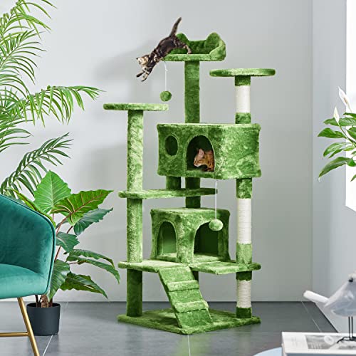 Topeakmart 54in Cat Tree with Scratching Posts Spacious Condos Furry Hanging Ball Cat Climbing Tower for Indoor Cats and Kittens, Green