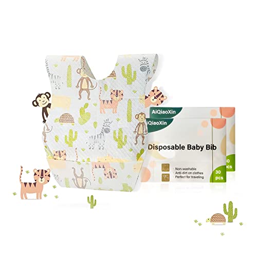 AiQiaoXin 30/60pcs Baby Disposable Bibs-Individually Packaged,Soft, Leak Proof and Convenient, disposable bibs for toddlers (30 PCS Animal pattern)