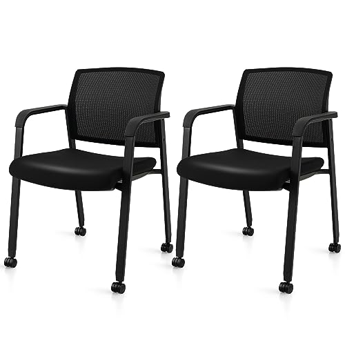 Tangkula Rolling Conference Room Chairs Set of 2, Stackable Office Guest Mesh Chairs with Armrests and Wheels, Ideal for Waiting Room Office, School, Lobby (Black)