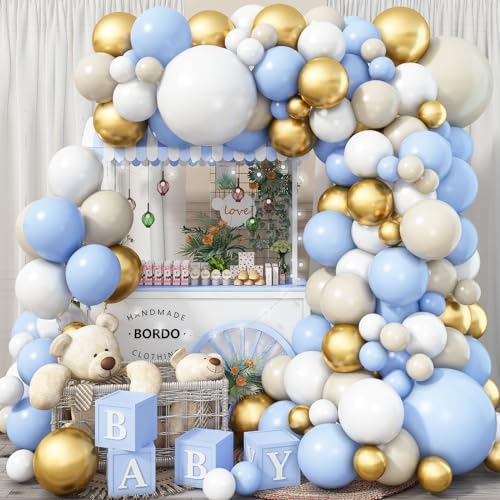125 Pcs Blue & White Balloon Arch Kit with Metallic Gold, Nude White Latex Matte, Teddy Bear Theme for Baby Shower