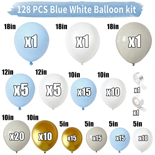 125 Pcs Blue & White Balloon Arch Kit with Metallic Gold, Nude White Latex Matte, Teddy Bear Theme for Baby Shower