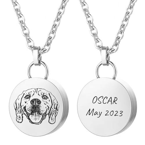 3UMeter Custom Pet Ashes Necklace Stainless Steel Pet Urns Necklace for Dogs/Cats Ashes Keepsake Photo Text Double-sided Personalized Round Pendant Memorial Gift for Women Men Dog Lover (Silver)