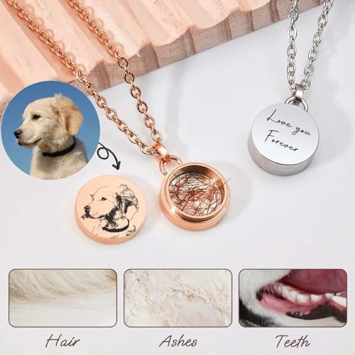 3UMeter Custom Pet Ashes Necklace Stainless Steel Pet Urns Necklace for Dogs/Cats Ashes Keepsake Photo Text Double-sided Personalized Round Pendant Memorial Gift for Women Men Dog Lover (Silver)