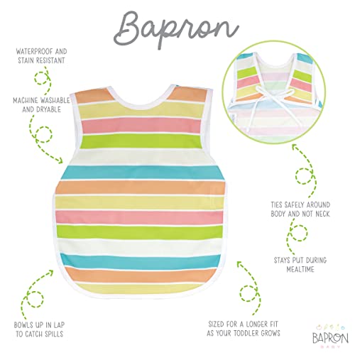 BapronBaby Rainbow Stripes Bapron - No Neck Tie Safer Bib for Baby & Toddler - Soft Waterproof Stain Resistant - Machine Washable - Sz Preschool 3