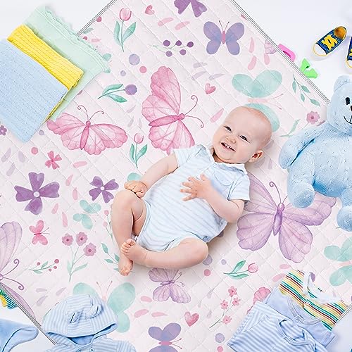 Funtery 43 x 43 Inch Boho Baby Play Mat Portable Crawling Washable Foldable Tummy Time Non Slip Baby Floor Large Playpen Mat for Infants Toddlers Floor Playpen Activity(Butterfly)