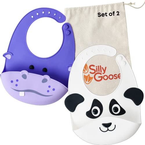 Silly Goose Set of 2 Silicone Animal Baby Bibs for Babies and Toddlers, Waterproof, Adjustable, Soft, Extra Wide Food Catcher Pocket (Panda + Hippo)