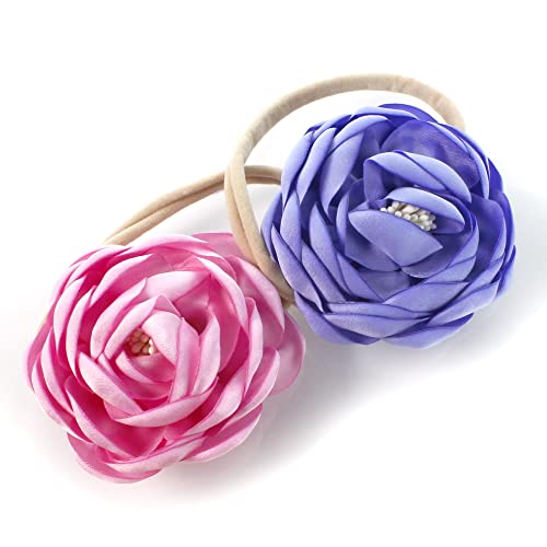 My Lello Baby Girl Ranunculus Flower Stretchy Nylon Elastic Headbands Set 2pcs - Medium - Sweet Iris/Periwinkle