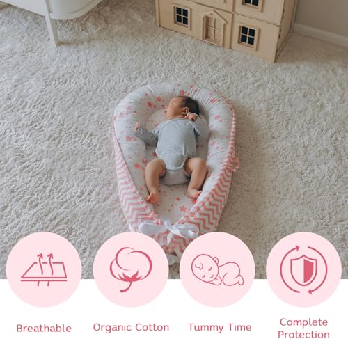 Aila+Aiden Baby Lounger | Organic Cotton Infant Lounger | Reversible, Adjustable & Portable Floor Lounger | Soft, Breathable, Washable Cover - Star Collection (Pink)