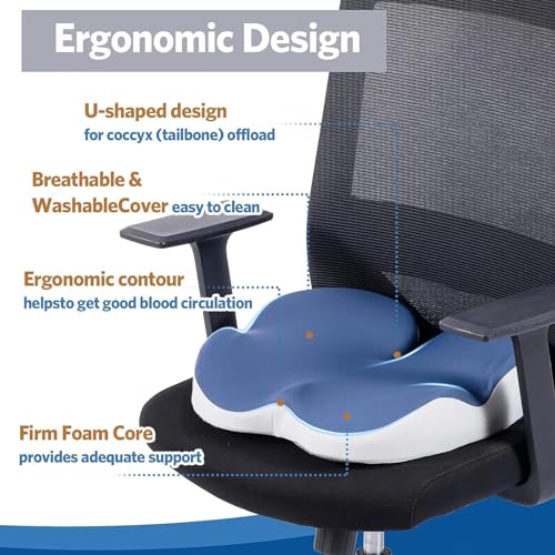 LAMPPE Ergonomic Seat Cushion, Office Chair Cushion for Butt Washable Ergonomic, Bum Cushion for Back,Coccyx,Tailbone Pain Relief,B-Blue