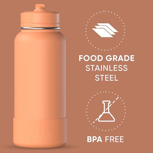 Hydrapeak 32oz Sport Insulated Water Bottle with Straw or Chug Lid, Leak & Spill Proof, Keeps Drinks Cold for 24 Hours, Hot for 12 Hours, Premium Stainless Steel Water Bottles (32oz, Apricot Crush)