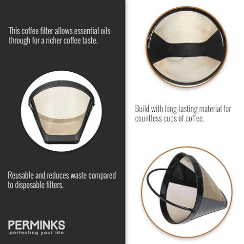 Reusable #4 Gold Tone Mesh Cone Coffee Maker Filter Basket - exact Replacement for Cuisinart, Ninja, Hamilton Beach, Breville, Moccamaster, Bonavita, Farberware
