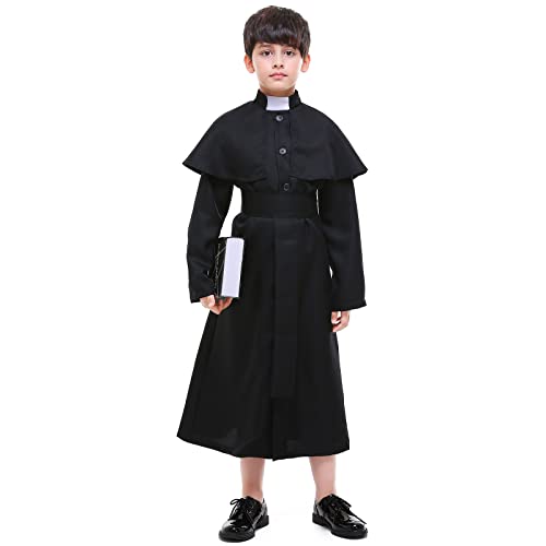 Faltern Priest Costume Boys Kids Clergy Costume Robe Black Catholic Biblical Minister Pastor Choir Cosplay Outfit Cassock