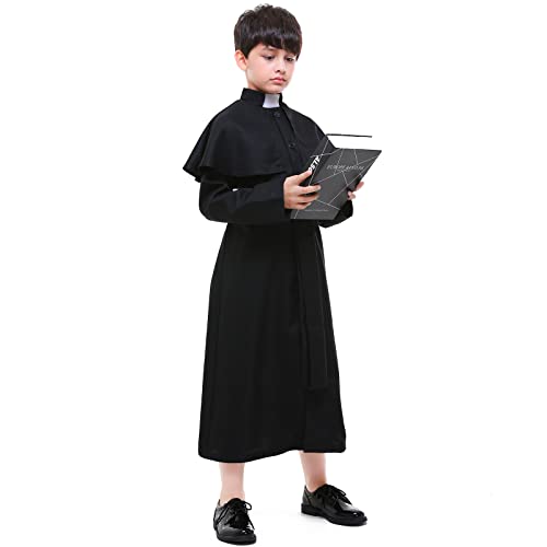 Faltern Priest Costume Boys Kids Clergy Costume Robe Black Catholic Biblical Minister Pastor Choir Cosplay Outfit Cassock