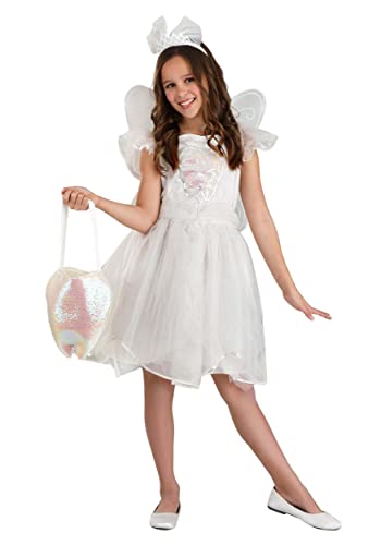 Fun Costumes Girls Tooth Fairy Costume, Sweet Tooth Dress, Magical Princess Satin Outfit with Glitter Wings - X-Large, White