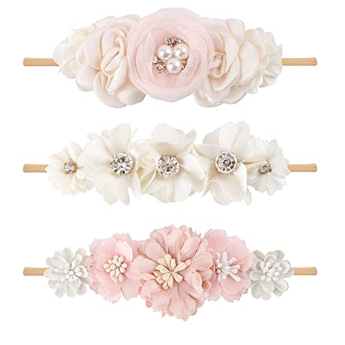 cherrboll 3pcs Baby Girl Flower Headbands, Super Soft & Stretchy Nylon Floral Hairbands for Newborn Toddler