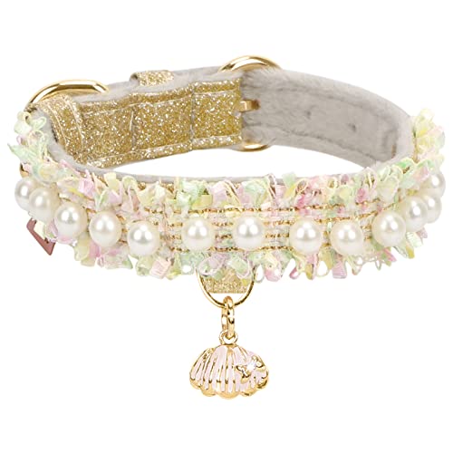 PetsHome Cat Collar, Dog Collar, [Beautiful Lace][Cute Pearl] Premium PU Leather Pet Collar with Shell Pendant Adjustable Collar for Cat and Small Dog Small Gold