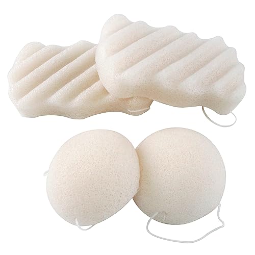 Spunspon Konjac Exfoliating Organic Facial Sponge Set | Gentle Daily Face Scrub/Skincare | Super Soft Body Cleansing Sponge for Shower, Safe for Baby Bathing, Half Ball + Rectangle (4 Pack, White)