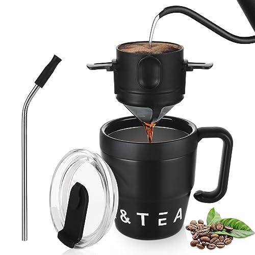 Bincoo 480ML Stainless Steel Coffee Mug with Straw-Pour Over Coffee Maker Set with Collapsible Coffee Dripper Thermal Coffee Mug for Home Office (Black)