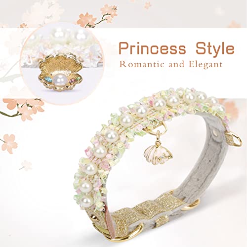 PetsHome Cat Collar, Dog Collar, [Beautiful Lace][Cute Pearl] Premium PU Leather Pet Collar with Shell Pendant Adjustable Collar for Cat and Small Dog Small Gold