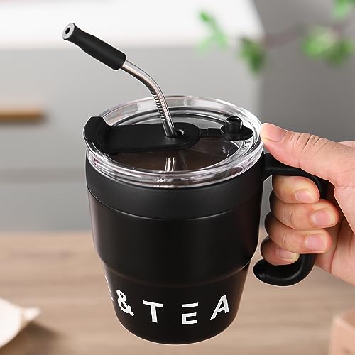 Bincoo 480ML Stainless Steel Coffee Mug with Straw-Pour Over Coffee Maker Set with Collapsible Coffee Dripper Thermal Coffee Mug for Home Office (Black)