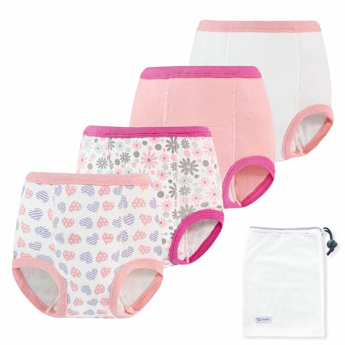 EZ Moms 4 Packs Toddler Potty Training Underwear Leakproof Soft Absorbent Kid Confident Toilet Training Pants Girls 5T 100% Cotton Underwear Reusable Toddler Girl Pee Pants with Potty Sticker Chart